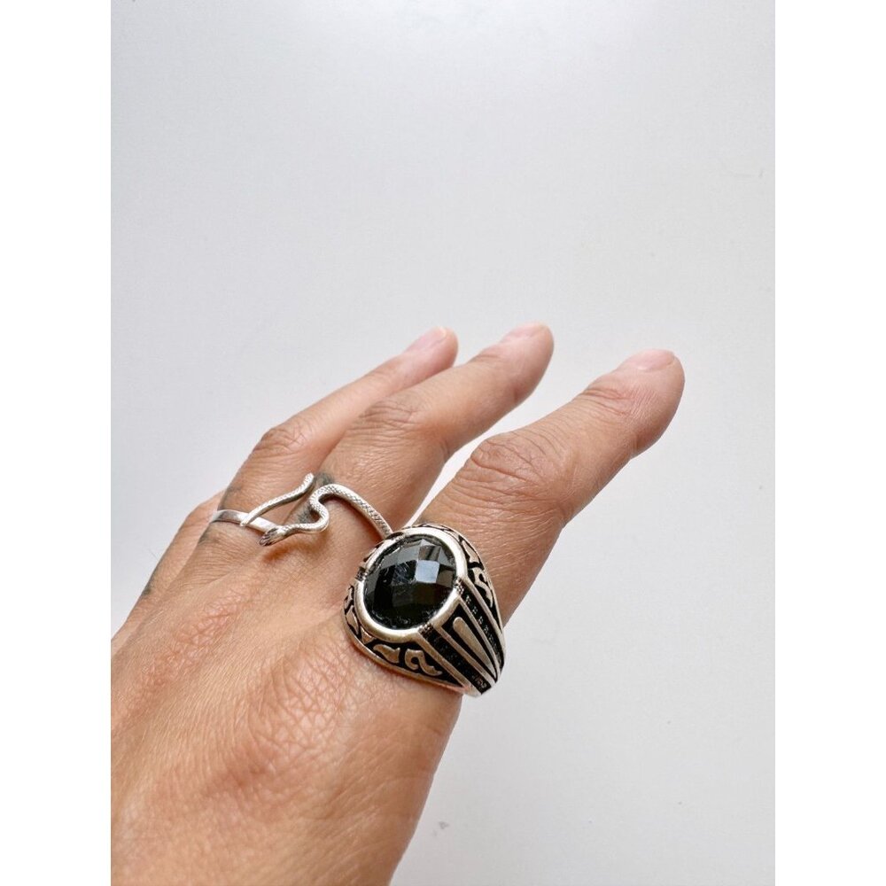 Men's 925 Sterling Silver Black Onyx Stone Ring, Size 9